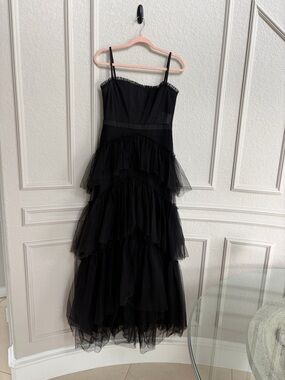 Betsy & Adam Black Tiered Tulle Maxi Dress